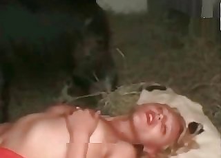 Blonde is having fun with a black mare